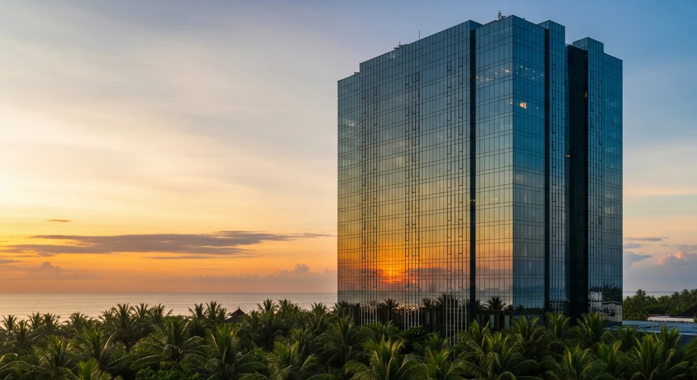 Bali financial-hub tower at dusk